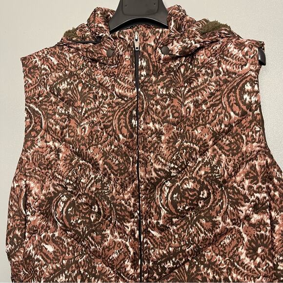 Patagonia Brown Paisley Hooded Down Puffer Vest Zip Up Women’s Size Large - Picture 3 of 10